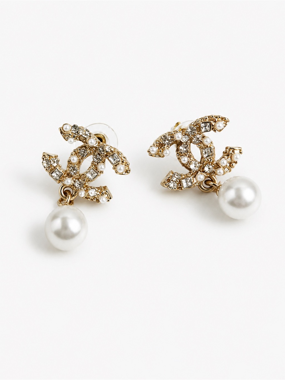 Pearl Drop Crystal Logo Stud Earrings - Gold Tone
